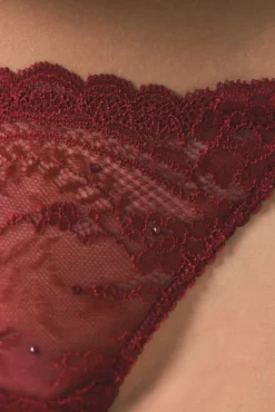 Braga brasileña tira encaje rojo strass