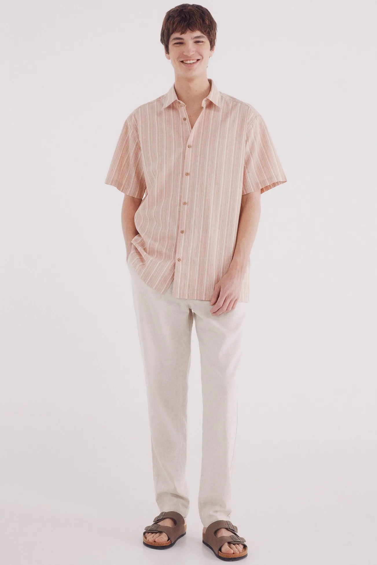 Camisa manga corta lino rayas