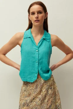 Chaleco lino cuello camisero