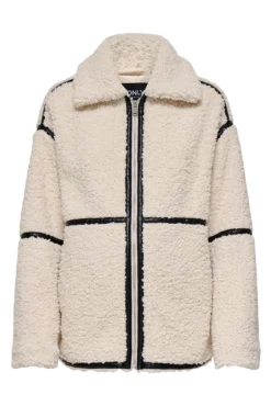 Chaqueta Teddy premamá beige con detalle de cintas negras