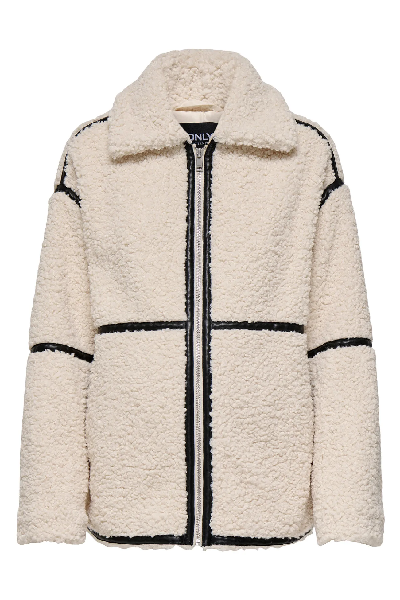 Chaqueta Teddy premamá beige con detalle de cintas negras