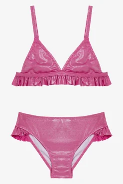 Conjunto de bikini rosa brillo volante