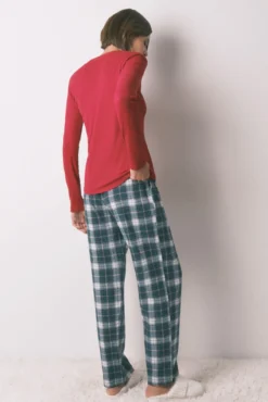 Pantalón largo 100% algodón franela cuadros verde