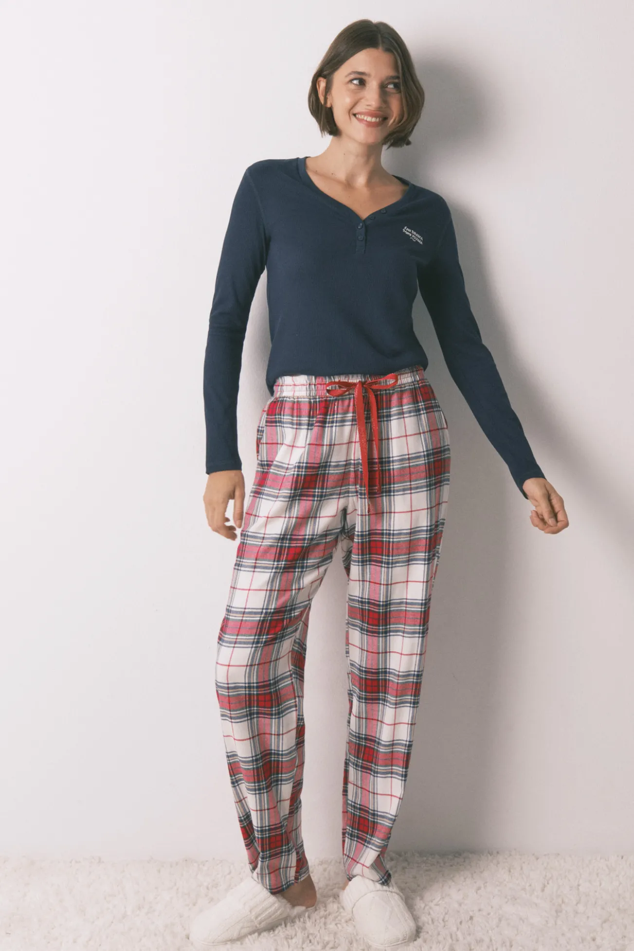 Pantalón largoalgodón franela cuadros rojo