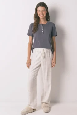 Pantalón largo franela blanco print cuadros