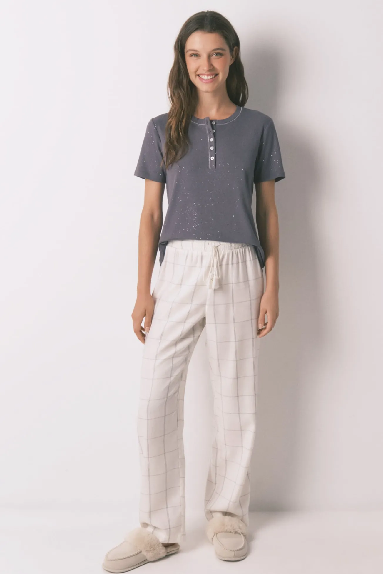 Pantalón largo franela blanco print cuadros