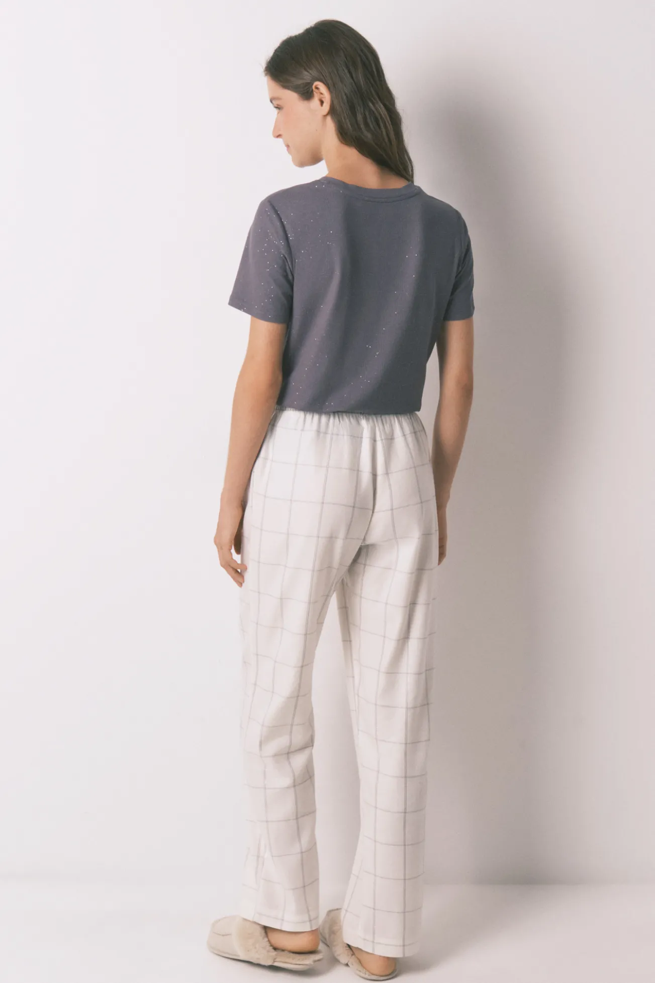 Pantalón largo franela blanco print cuadros