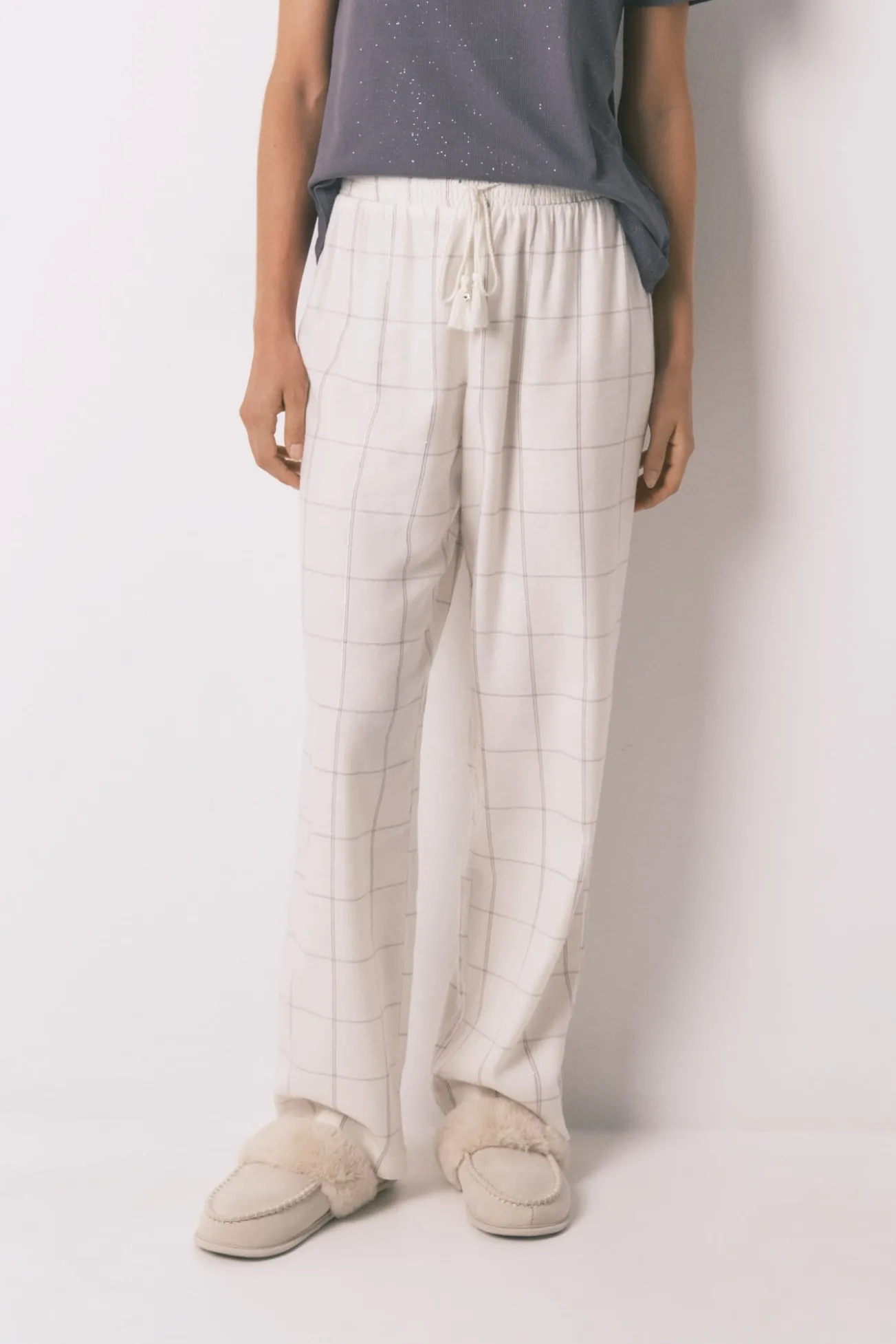 Pantalón largo franela blanco print cuadros