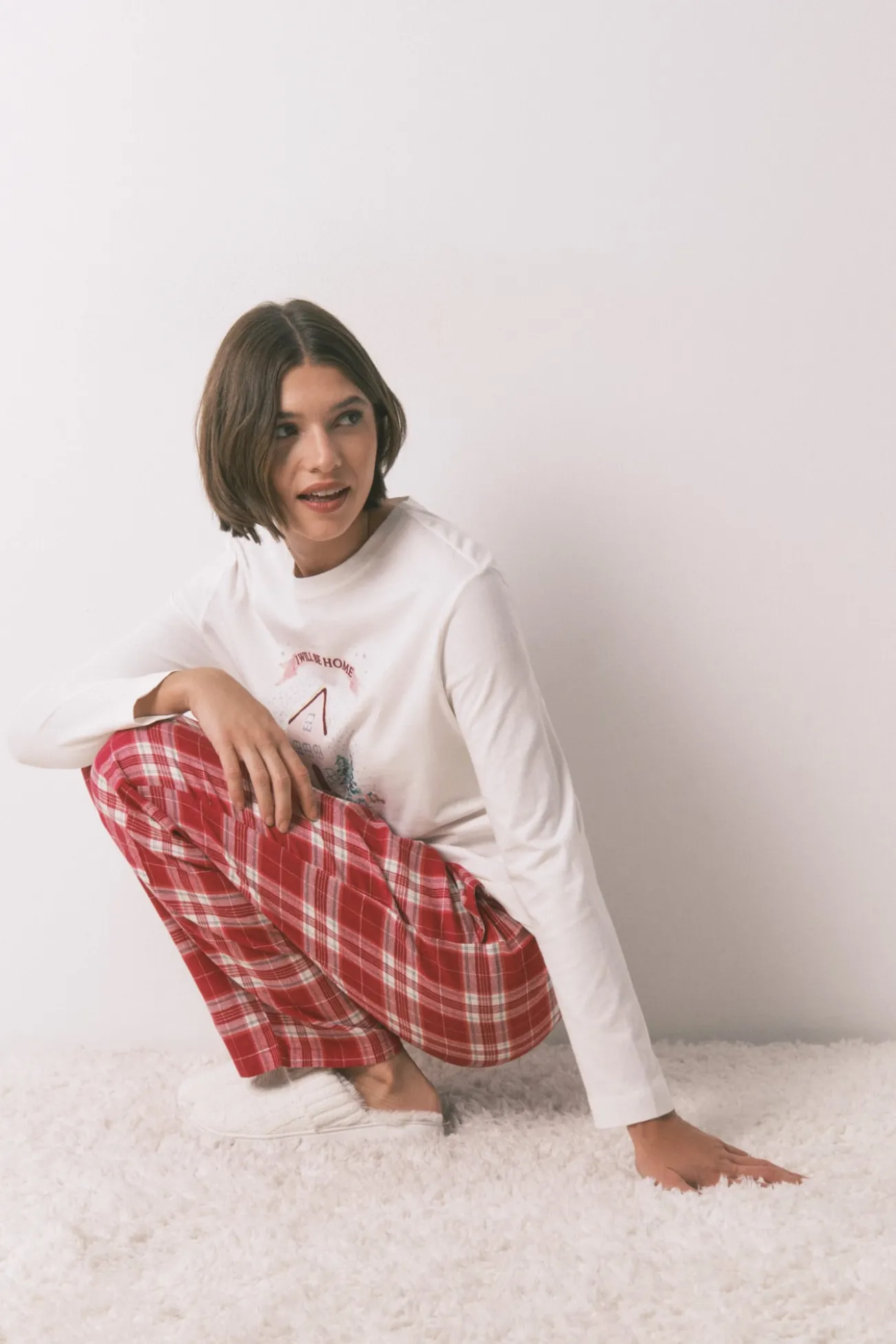 Pantalón largo franela estampado cuadros rojo