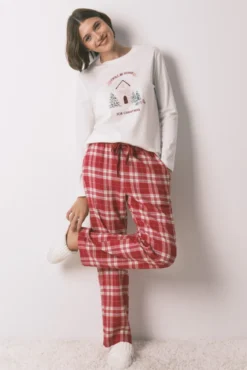 Pantalón largo franela estampado cuadros rojo
