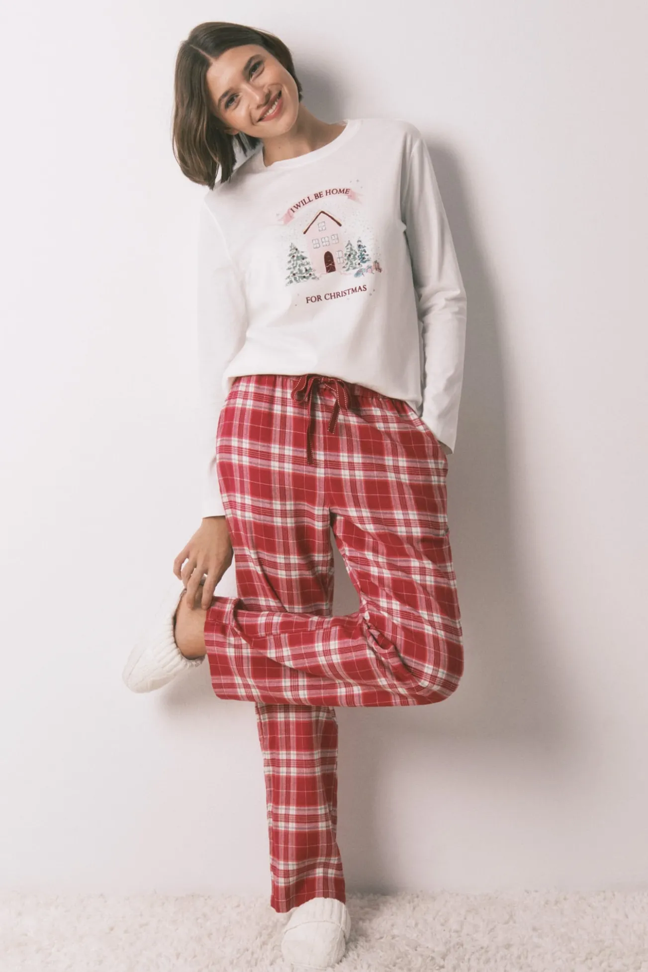 Pantalón largo franela estampado cuadros rojo
