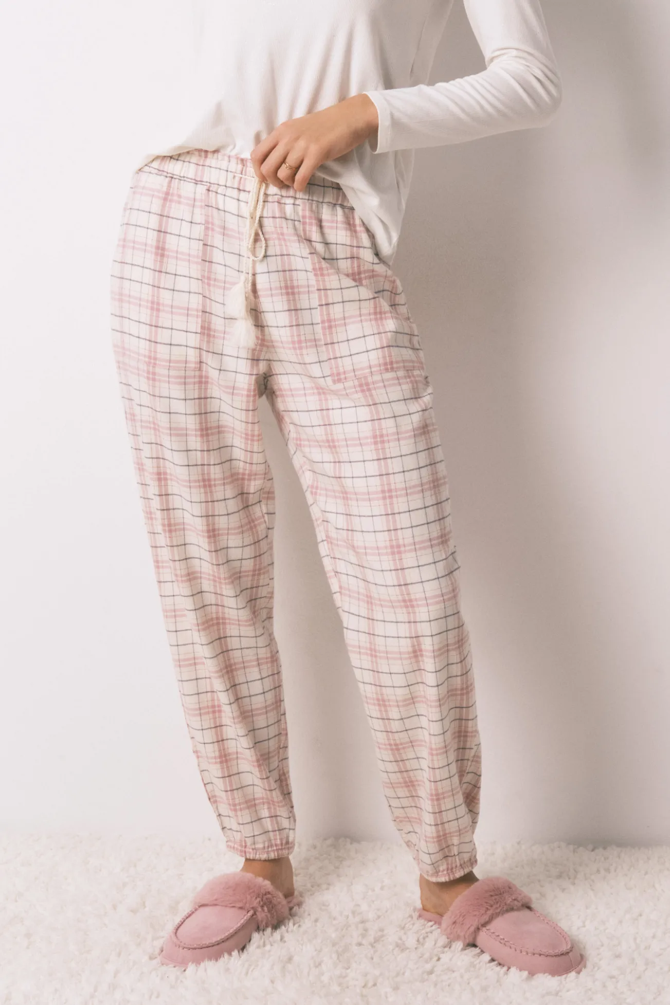 Pantalón largo franela rosa print cuadros