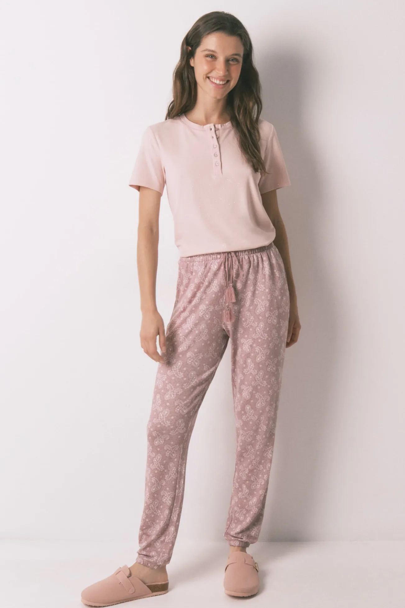 Pantalón largo punto cálido suave paiseley rosa