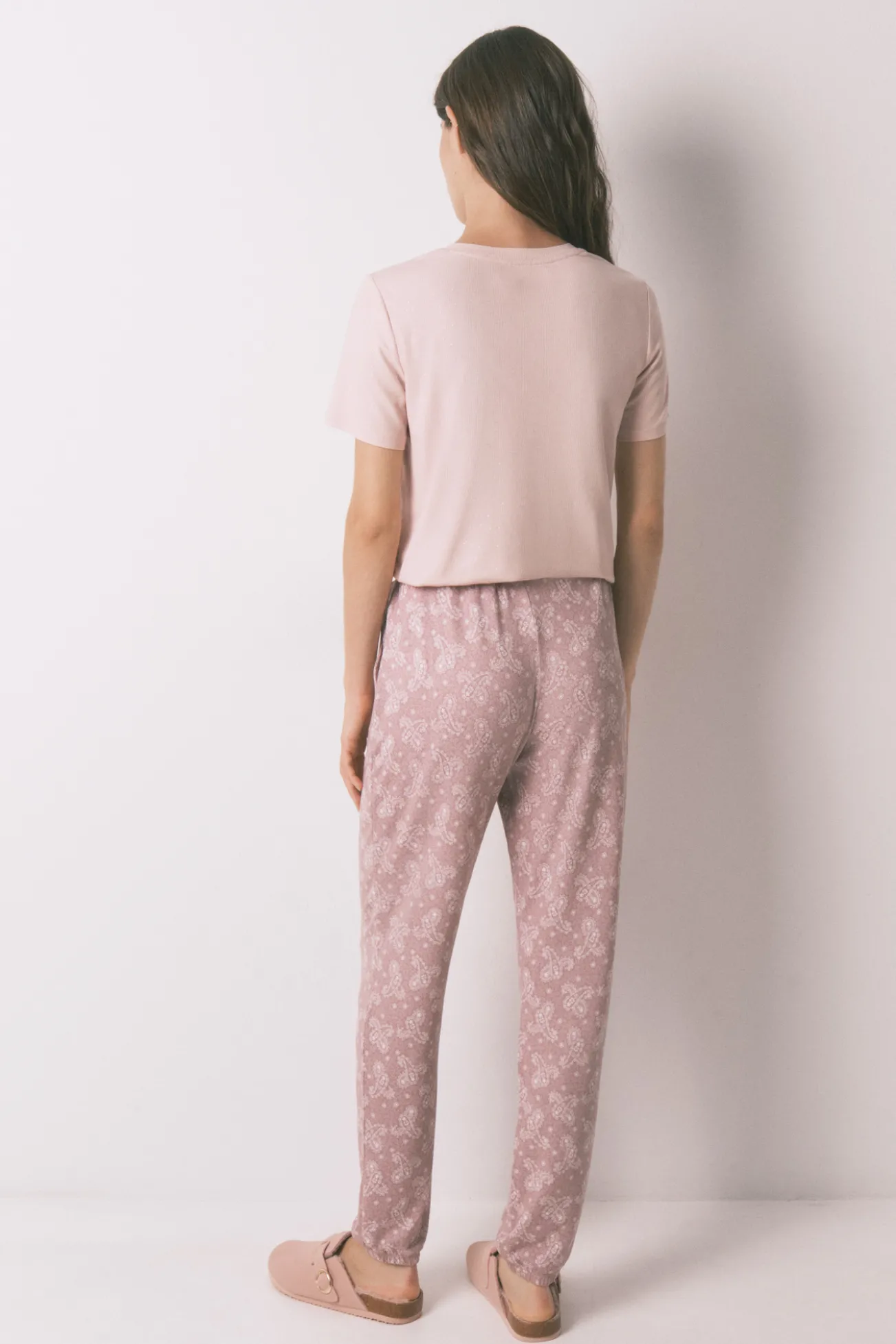 Pantalón largo punto cálido suave paiseley rosa