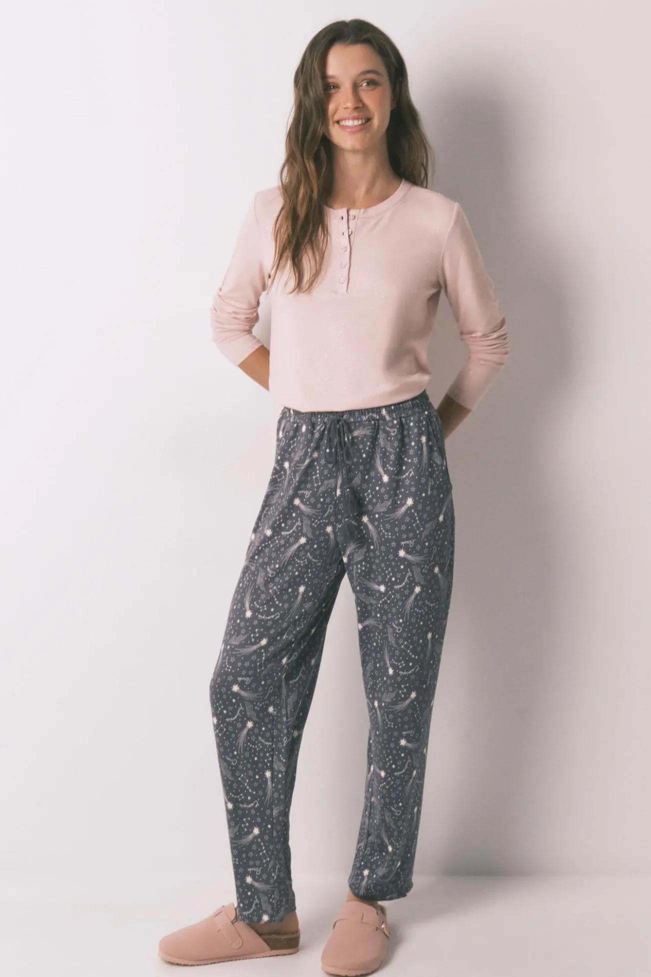 Pantalón largo punto cálido suave estrellas grises