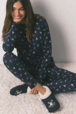 Pijama largo 100% algodón azul estampado ranitas