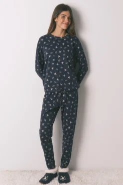 Pijama largo 100% algodón azul estampado ranitas