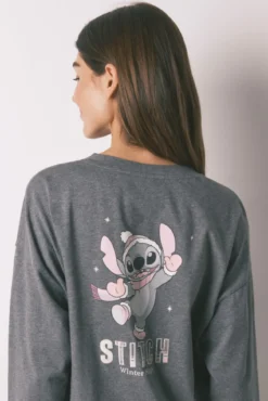 Pijama largo 100% algodón gris cuadros Stitch