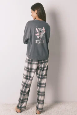 Pijama largo 100% algodón gris cuadros Stitch