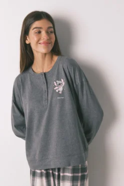 Pijama largo 100% algodón gris cuadros Stitch