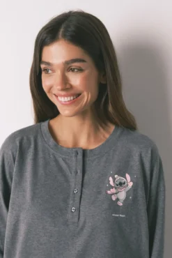 Pijama largo 100% algodón gris cuadros Stitch