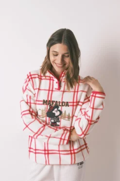 Pijama largo polar cuadros blanco Mafalda