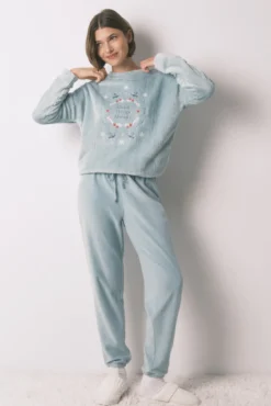 Pijama largo polar textura azul