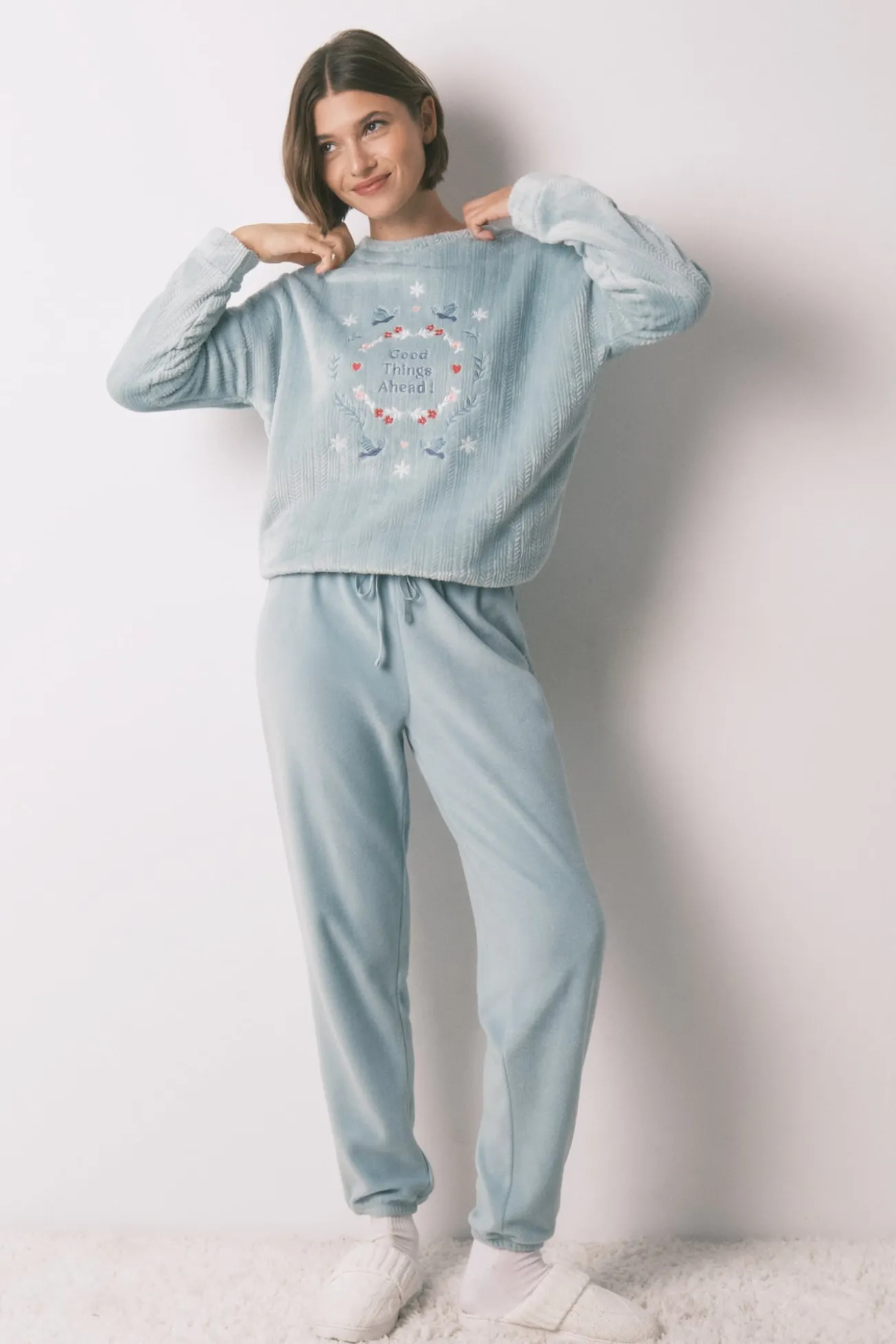 Pijama largo polar textura azul