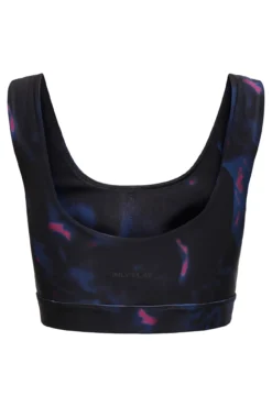 Sujetador deportivo con banda elástica, color negro y diseño multicolor