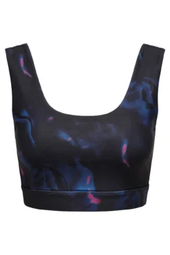 Sujetador deportivo con banda elástica, color negro y diseño multicolor