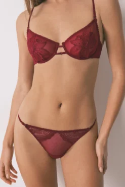 Tanga tira plumeti y encaje rojo brillo