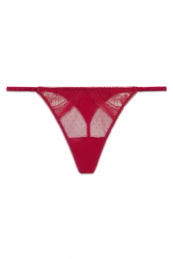 Tanga tira plumeti y encaje rojo brillo
