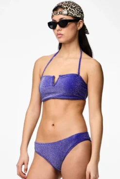 Top de bikini bandeau azul con lúrex