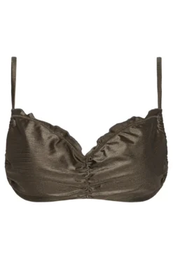 Top de bikini bandeau color metalizado y escote fruncido