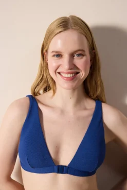 Top de bikini con escote de pico pronunciado azul