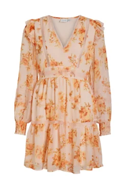 Vestido corto y manga larga de flores con volantes
