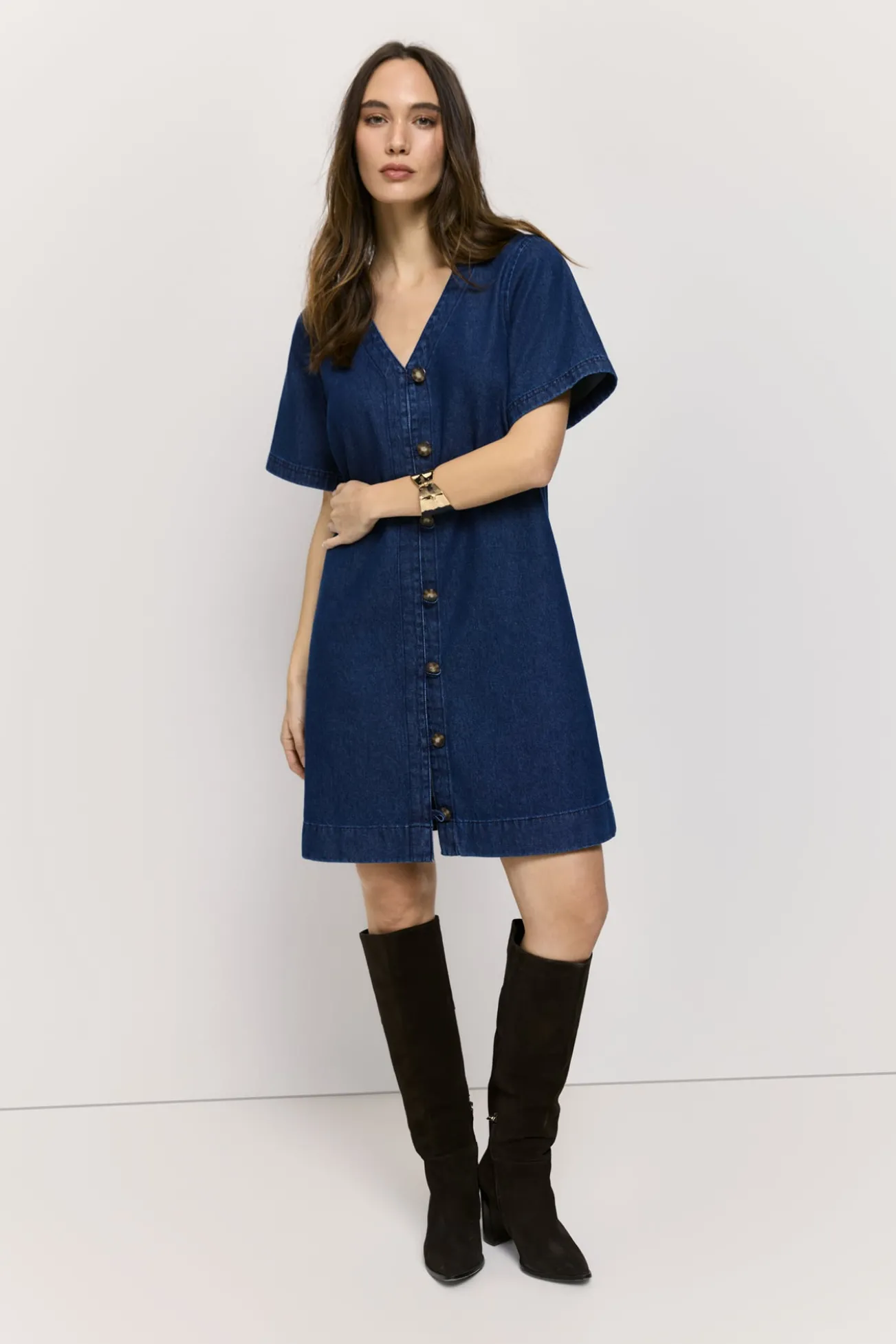 Vestido denim cuello pico